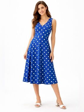 Pendleton Royal Blue Polka Dot Silk/Cotton Sleeveless Midi Dress